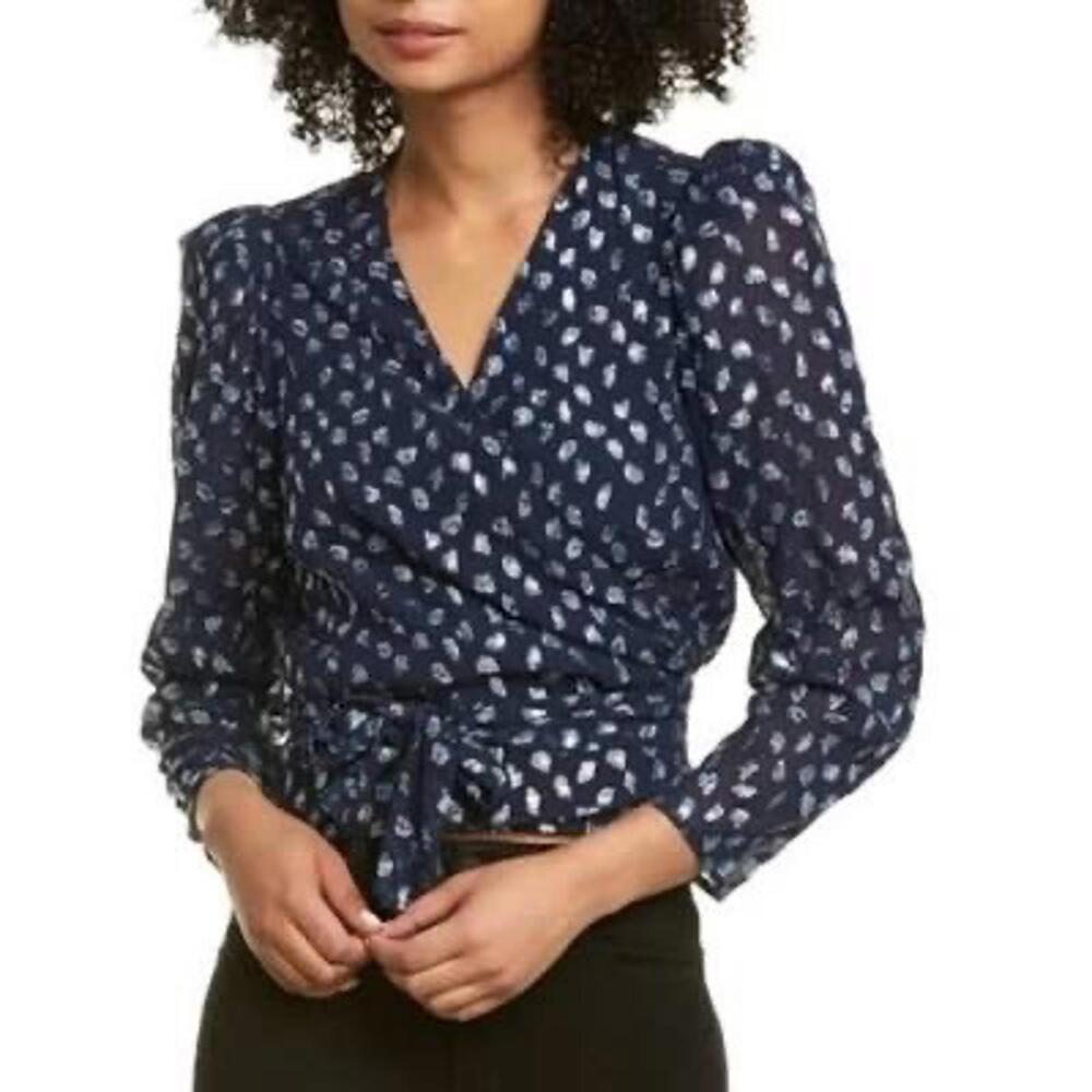 Tanya Taylor Erica Navy Metallic Silk Wrap Blouse Top Long Sleeve Size 0